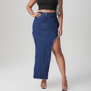 Raw Trim Split Thigh Denim Skirt - Plus Size Line - 0XL